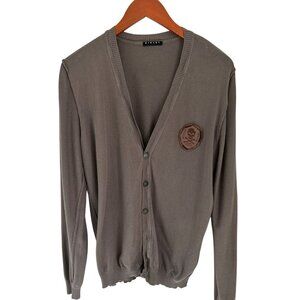 Sisley Mens Brown V-Neck Button-Up Cardigan Sweater With Scull Patch Logo